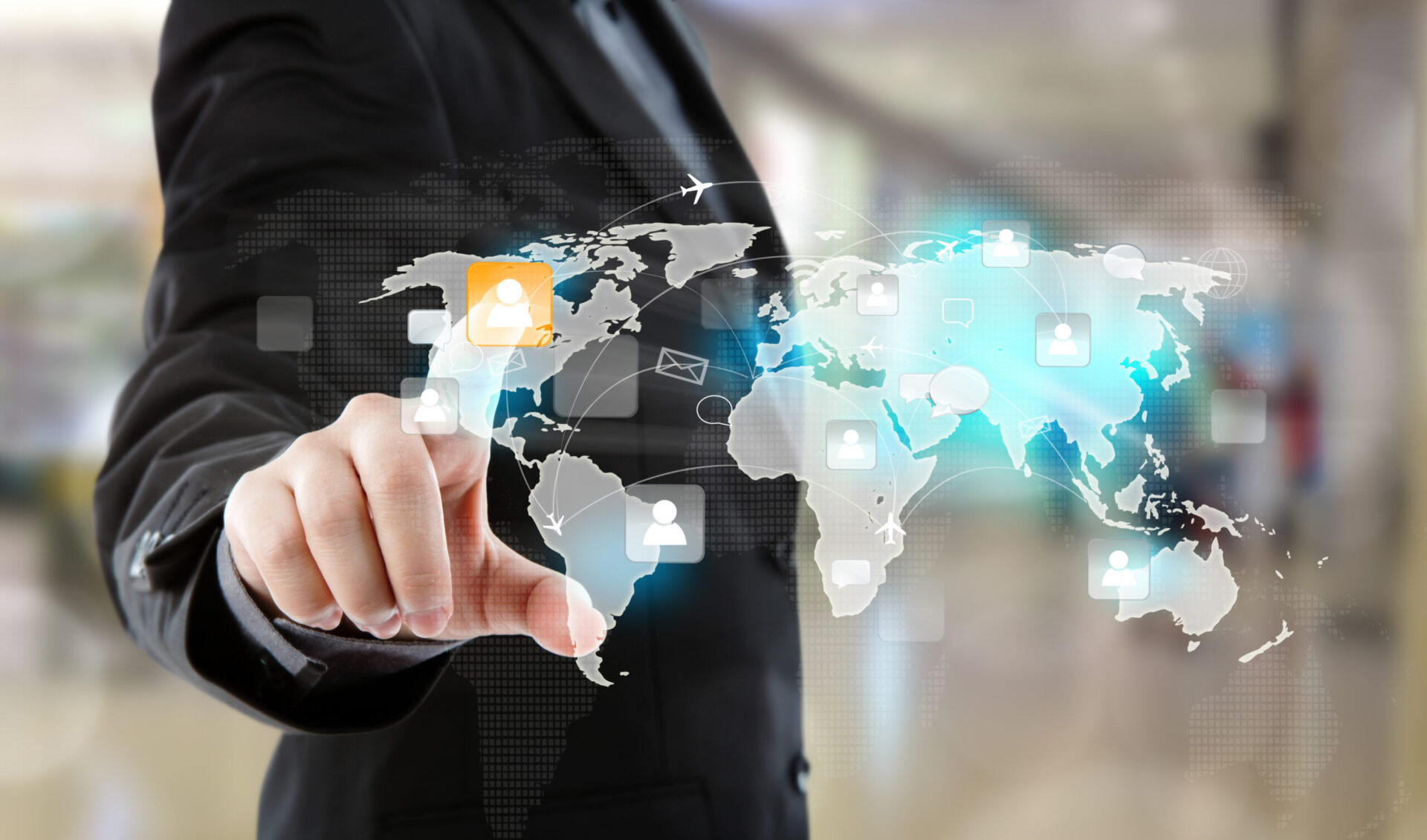 Social Network concept : Business man point to social network a